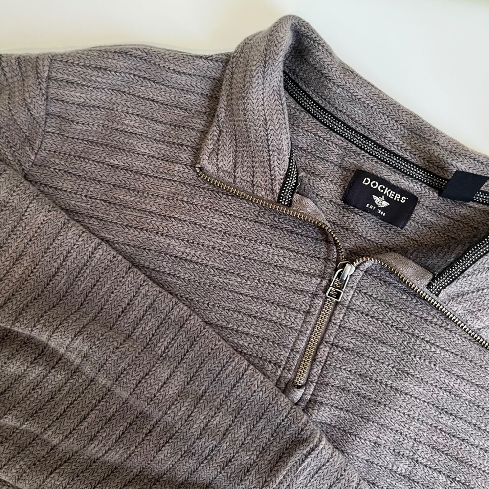 Dockers Mens Gray Herringbone Textured Quarter Zip Pullover Sweater Size Large
